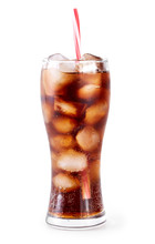 Cola In Glass With Straw And Ice Cubes Isolated On White Background. Soda With Bubbles Isolated On White. Refreshing Non-alcoholic Drink
