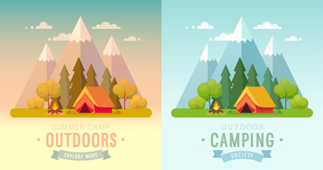 Wall Mural - summer camping day and sunset graphic posters.