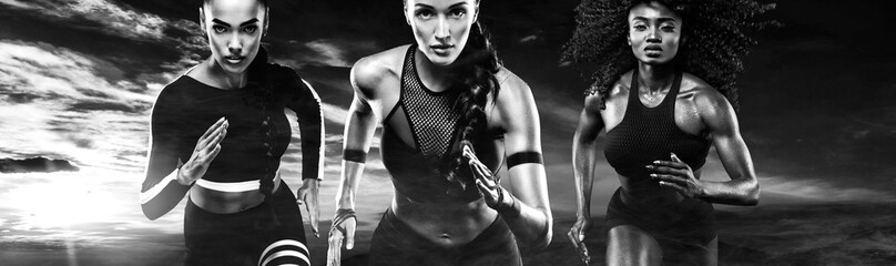 Wall Mural - Black and white photo. A strong athletic, women sprinter, running outdoor wearing in the sportswear, fitness and sport motivation. Runner concept.