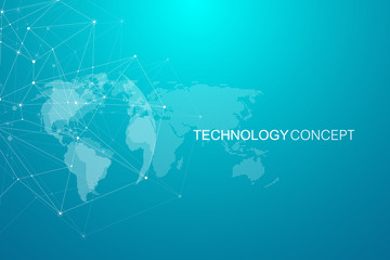 Aufkleber - Global network connections with world map. Internet connection background. Abstract connection structure. Polygonal space background. Vector illustration.