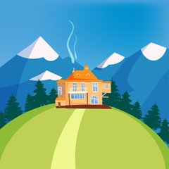 Wall Mural - Mountain landscape, house on the mountain, chalet, hotel, vector, illustration, isolated, cartoon style