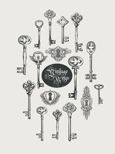 Vector Banner With Vintage Keys, Keyholes And Lettering In Retro Style. Gothic Font. Hand Drawn Illustration