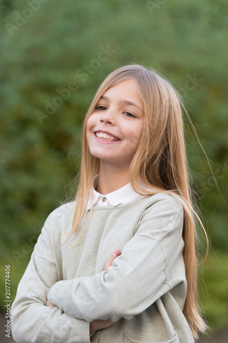 Child With Smile On Cute Face Outdoor Little Girl With Long Blond