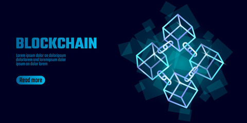 Wall Mural - blockchain cube chain symbol on square code big data flow information. blue neon glowing modern tren