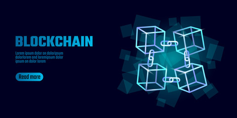 Wall Mural - Blockchain cube chain symbol on square code big data flow information. Blue neon glowing modern trend. Cryptocurrency finance bitcoin business concept vector illustration background template