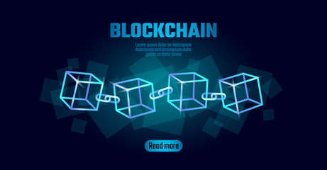 Wall Mural - blockchain cube chain symbol on square code big data flow information. blue neon glowing modern tren