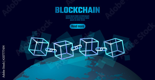 Blockchain Cube Chain Symbol On Square Code Data Flow Blockchain Cube Chain Symbol On Square Code Data Flow Information Blue Neon Glowing Planet