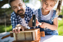 Father With A Small Daughter Outside, Making Wooden Birdhouse.