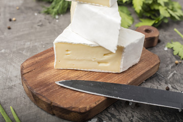 Canvas Print - Soft cheese with white mold on a wooden cutting board