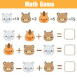 Math educational game. Counting equations. Mathematics worksheet for children with cute animals faces