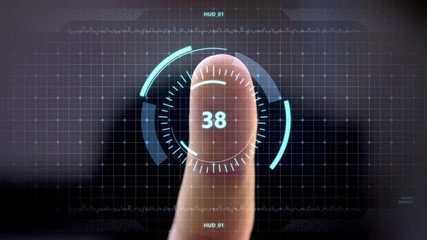 future technology and programming concept - finger attached to touch screen with virtual data