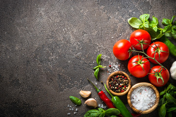 Wall Mural - Spices, herbs, olive oil and vegetables top view.