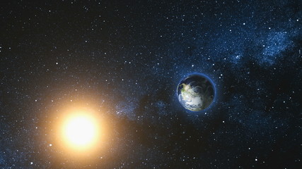 Wall Mural - space view on planet earth and sun star rotating on its axis in black universe. milky way in the bac