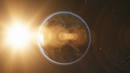 Wall Mural - space view on planet earth and sun star rotating on its axis in black universe. seamless loop with d