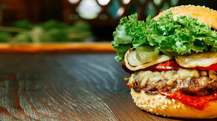 Poster - delicious homemade burger with juicy meatball and grilled vegetables