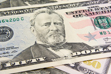 Front Of The Fifty Dollar Bill With A Portrait Of President Ulysses Simpson Grant . The 18th U.S. President  Ulysses S. Grant Close-up