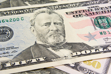 Front of the fifty dollar bill with a Portrait of President Ulysses Simpson Grant . The 18th U.S. President  Ulysses S. Grant close-up