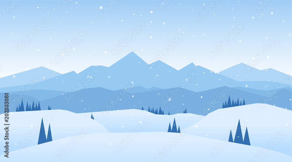 Vector illustration: Winter snowy Mountains landscape with hills and ...