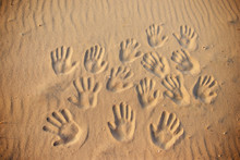 Lots Of Hand Prints On The Sand