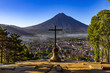 Guatemala. Antigua. Cerro de la Cruz - viewpoint over town, there is Agua volcano opposite the cross (devoted to the city's patron, St. James)
