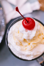 Close Up Sweet Refreshing Cherry Cola Topping With A Scoop Of Vanilla Ice Cream And Fresh Cherry.