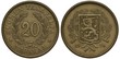 Finland Finnish Suomi coin 20 twenty marka 1936, face value flanked by spruce branches with cones, lion with sword on shield in front of spruce branches,