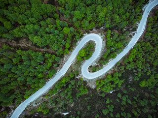Sticker - Curved road trough forest , birds eye drone aerial view