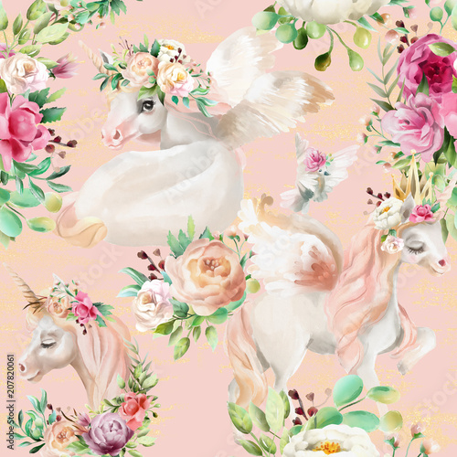 Beautiful, watercolor unicorns princess, pegasus in gold crown and floral, fl...