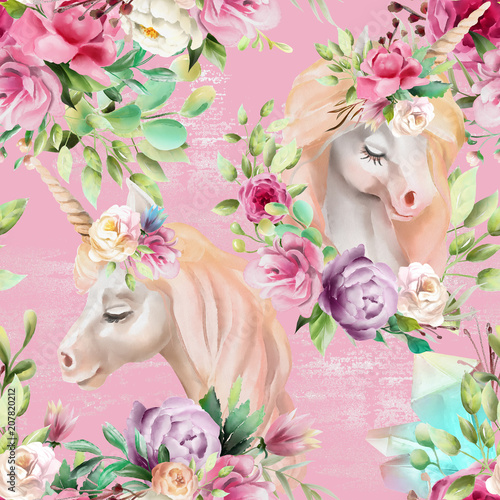 Fototapeta Jednorożec beautiful-watercolor-unicorns-princess-pegasus-with-violet-and-cream-peony-pink-roses-magic-crystals-and-floral-flowers-bouquets-on-pink-background-with-glitter-seamless-pattern