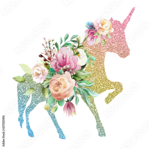 Beautiful, colofrul unicorn, magic horse, pegasus silhouette, rainbow color w...