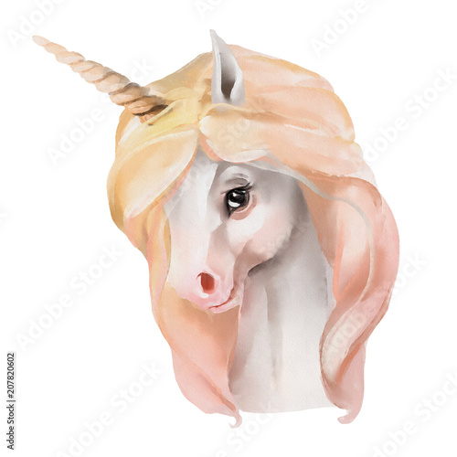 Beautiful, cute, watercolor unicorn head, portrait isolated on white