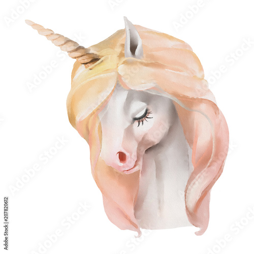 Beautiful, cute, watercolor unicorn head, portrait isolated on white