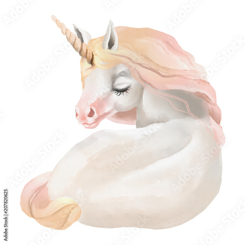 Beautiful, cute, watercolor unicorn head, portrait isolated on white