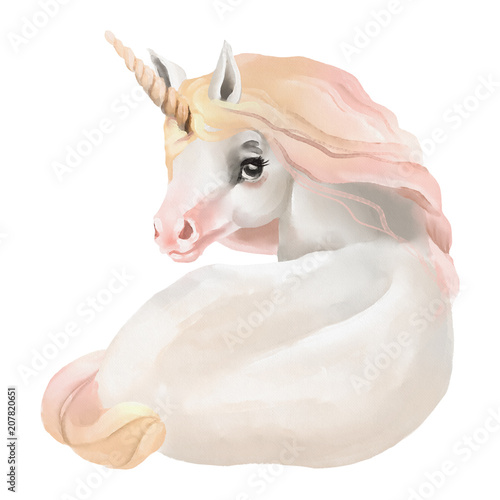 Beautiful, cute, watercolor unicorn head, portrait isolated on white