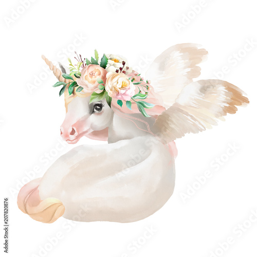 Beautiful, cute, watercolor dreaming unicorn, pegasus with wings and  flowers...