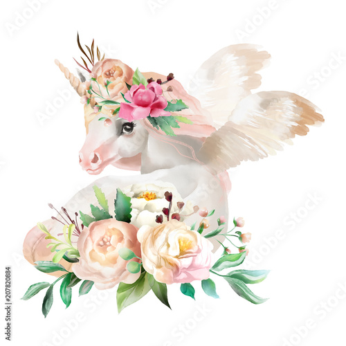 Beautiful, cute, watercolor dreaming unicorn, pegasus with wings and  flowers...