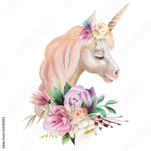 Beautiful cute watercolor unicorn head with flowers floral crown Beautiful cute watercolor unicorn head with flowers floral crown