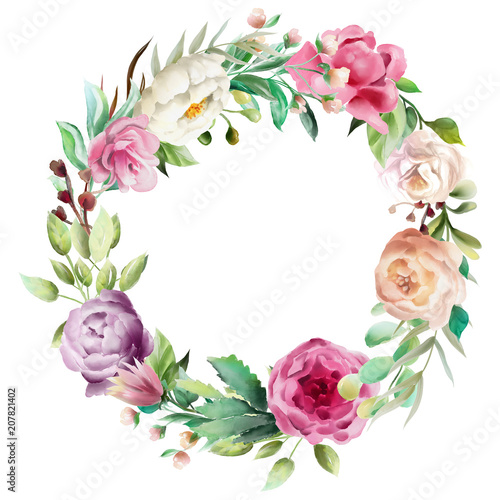 Beautiful watercolor floral bouquet, whimsical flowers wreath, circle frame. ...