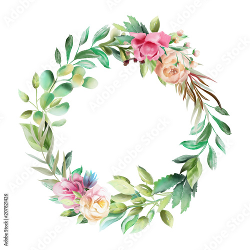 Beautiful watercolor floral bouquet, whimsical flowers wreath, circle frame. ...