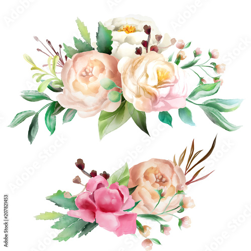 Beautiful watercolor floral bouquet, whimsical flowers wreath. Pink rose and ...