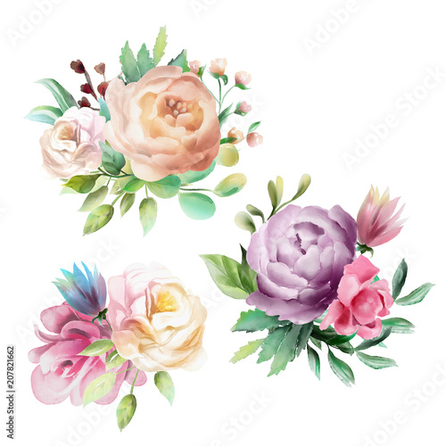 Beautiful watercolor floral bouquet, whimsical flowers wreath. Pink rose, vio...