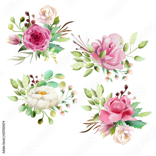 Beautiful watercolor floral bouquet, whimsical flowers wreath. Pink rose and ...