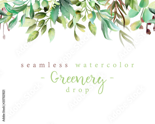 Beautiful watercolor floral greenery branches and leaves seamless tileable drop