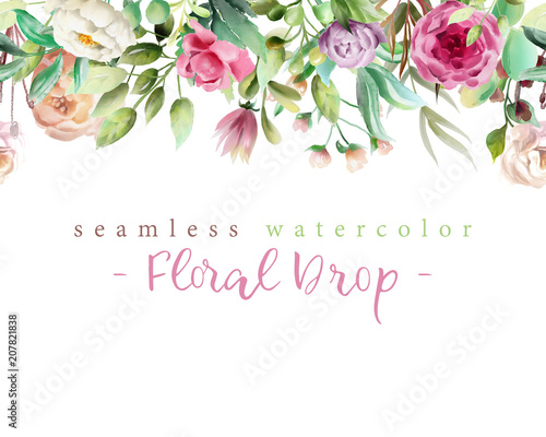 Beautiful watercolor flowers - violet roses, creaem peony and floral greenery...