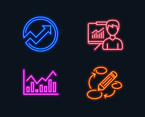 Wall Mural - neon lights. set of audit, infochart and presentation icons. keywords sign. arrow graph, stock excha