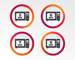 Microwave oven icons. Cook in electric stove symbols. Heat 5, 6, 7 and 8 minutes signs. Infographic design buttons. Circle templates. Vector