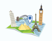 Destination Concept. Vector Illustration Of Pin On A Map Surrounded With World Landmarks.
