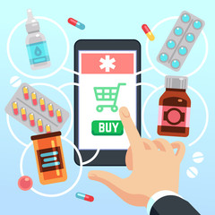 Poster - Buyers hand selects and buys drugs and medications on cell phone screen. Online pharmacy app vector concept