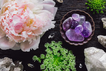 Amethyst And Quartz With Peony And Queen Anne's Lace