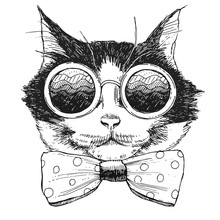 Image Cat Portrait With Sunglasses And Tie. Vector Illustration.